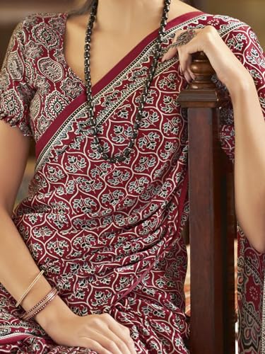 Image of SAREE MALL Women's Ajrkh Print Satin Crepe Polka Dot Printed Saree With Unstitched Blouse Piece