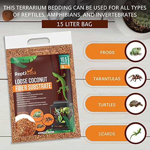 ReptiCasa Loose Coconut Substrate Husk Fibers, 10.5 Quarts Bag, Clean Natural Terrarium Bedding for Reptiles, Amphibians, or Invertebrates, Waste, Liquid and Odor Absorbent