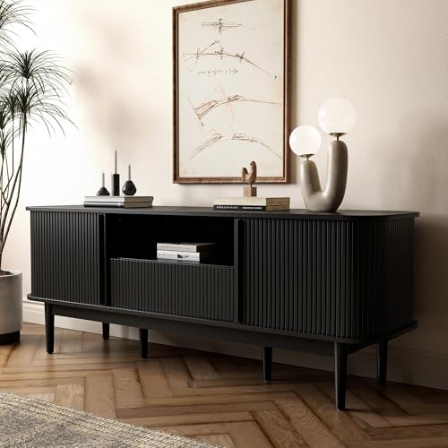 Image of Furniway Modern TV Stand for 45 /55 /70 inch TV, Entertainment Center with Sliding Doors and Storage, Wood TV Stand for Bedroom, Living Room, Black