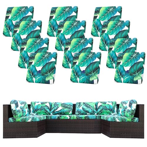 Image of 12 Pcs Stretch Patio Cushion Covers,Outdoor Couch Covers Replacement,Outdoor Couch & Sofa Slipcovers,for Patio Furniture Cushion Covers,Washable Reusable Furniture Protector (Green Leaf,Cover Only)