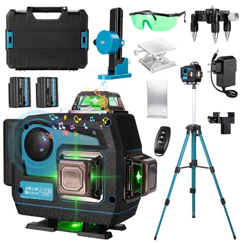 GREEN MOUNT 360 Self Leveling Laser Level with Bluetooth Speaker 16 Lines 4x360 4D Green Beam Laser Leveler Tool with Tripod & Remote Li-ion Battery Portable Anti-Fall Case