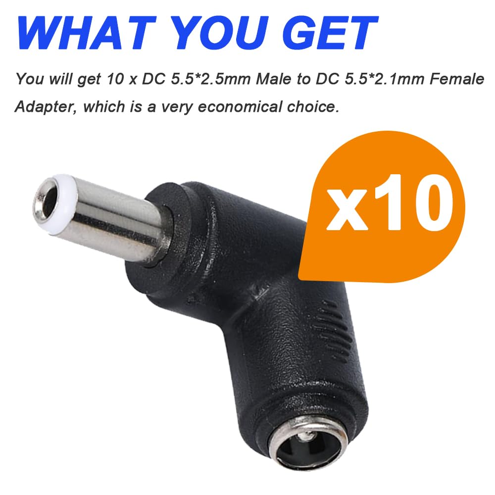 Adapter konwertera zasilania DC, kąt prosty 90 stopni 5,5 x 2,1 mm żeński na 5,5 x 2,5 mm męski DC wtyczka jack zasilania do laptopa, kabel DC (10 sztuk)