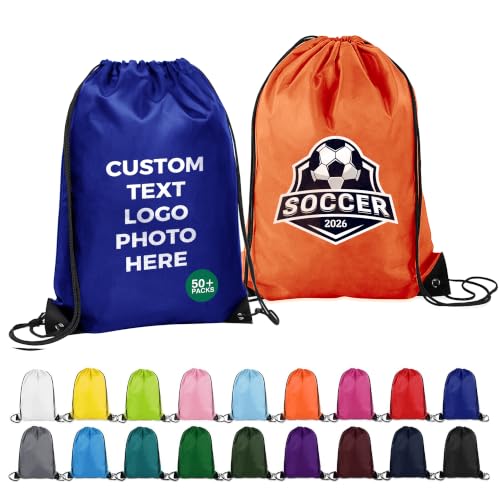 Image of Custom Drawstring Bags 100 /200 Pcs Personalized Bulk with Logo Text, Customizable Drawstring Backpack Draw String Back Bag for Gift Gym, Sports, Travel, Events Activities, Promotional Items