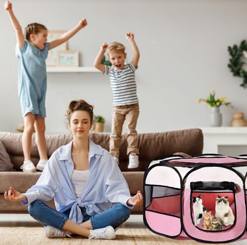 Welpenlaufstall Faltbar 74x74x43cm, Hundelaufstall für Wohnung, BRIMOREA Katzengehege, Kaninchengehege innen,für Laufstall Hund, Katzen, Hasen und Kleintiere sowohl drinnen als auch draußen(Rosa)