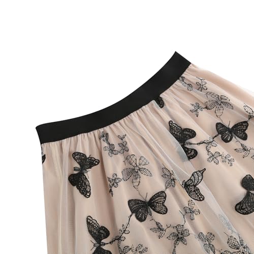 Women's Elastic High Waist Midi Mesh Skirt Butterfly Embroidery Beach A Line Princess Skirt4