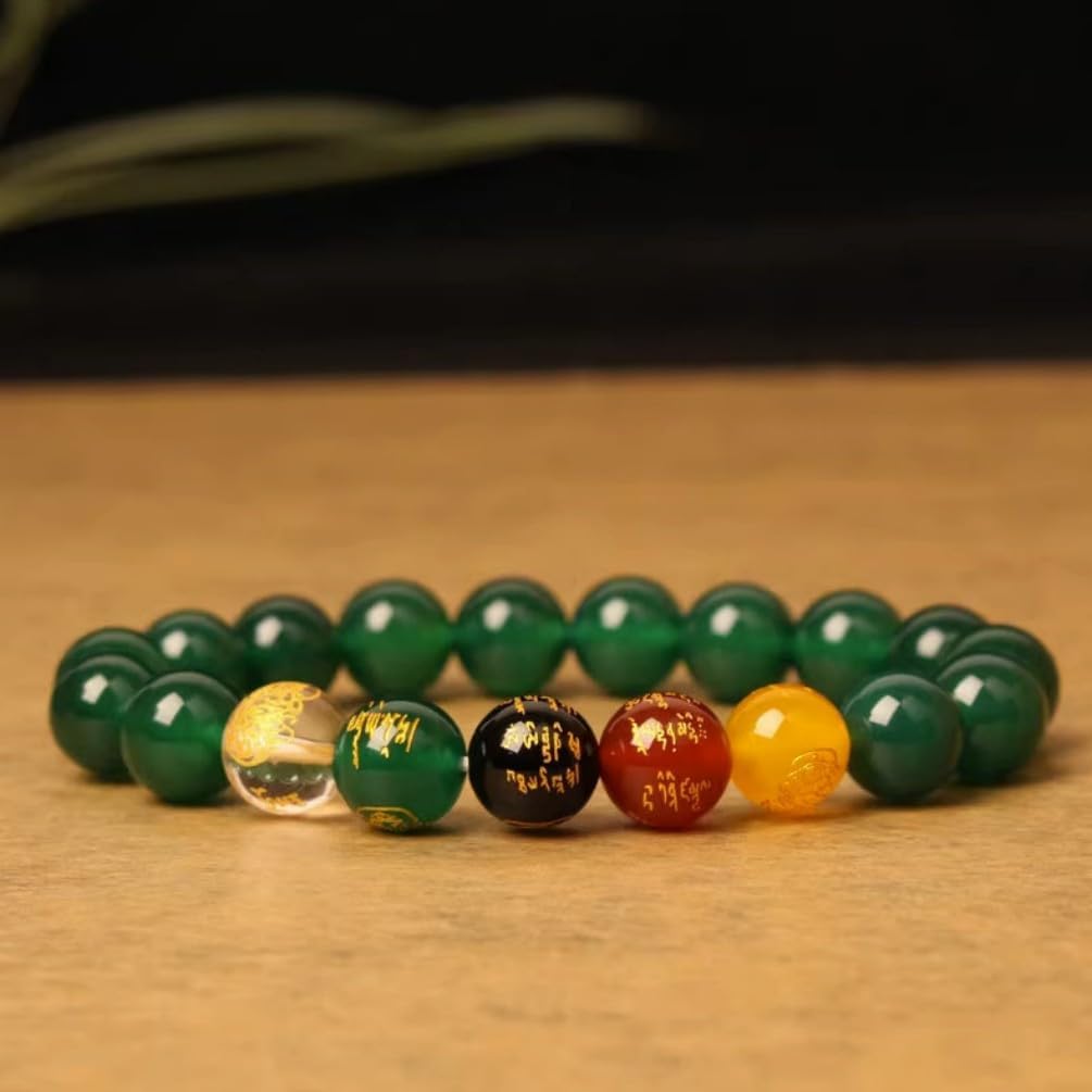 DorkTees (绿玛瑙-10mm) 五路财神 Fengshui Jade Bracelet Lucky Charm 手链五行黑曜石本命年手串化解红玛瑙金木水火土男女款