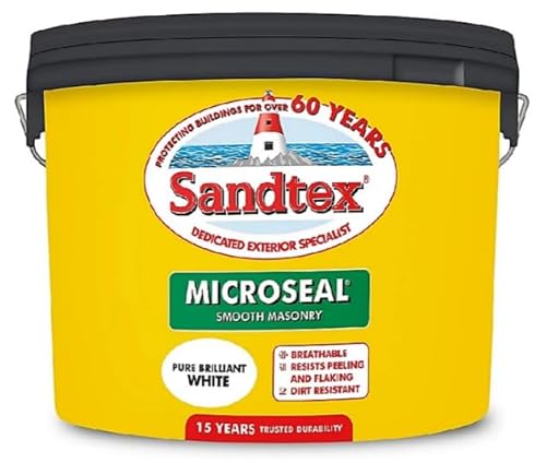 Sandtex Microseal Exterior Smooth Masonry Paint | Pure Brilliant White 10L | Rainproof in 1 hour