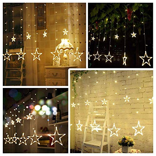 Image of Home Harmony's Christmas 12 Star 138 Pixel LED Curtain String Lights with 8 Flashing Modes for Diwali Home Room Birthday Indoor Outdoor Christmas Decoration, Warm White (Star)