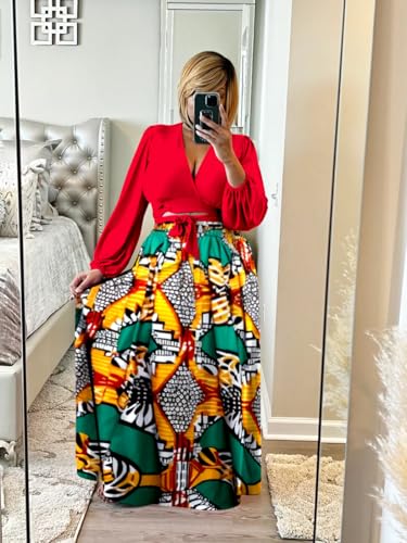 Image of Plus Size Women's 2 Piece Outfits Printed Casual Long Sleeve Wrap Crop Top Maxi Long Dress Flowy Matching Sets