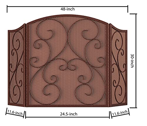 Fire Beauty Fireplace Screen 3 Panel Wrought Iron Metal 48"(L) x30(H) Spark Guard Cover(Antique Bronze)
