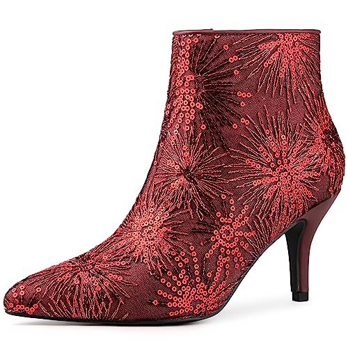 Allegra K Allegra K Women's Glitter Sparkle Lace Stiletto Heels Party Sequin Red Ankle Boots 8 M US