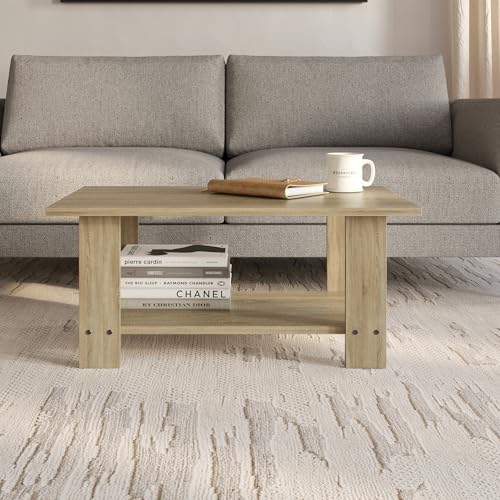 Image of FURLAY LatteEdge Coffee Table for Living Room, Modern Center Table with Open Shelf Storage, Engineered Wood Tea Table for Sofa, Books, Decor, Compact Home Furniture, 90x55x40 cm (FWCT1-Classic Oak)