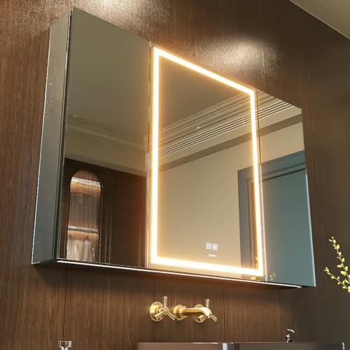 GANPE LED Lighted Bathroom Medicine Mirror Cabinet with Sockets & USBs, Anti-Fog Dimmable Light and Color Adjustment, Easy to Install Aluminum Cabinet (40 * 28 Three-Door)