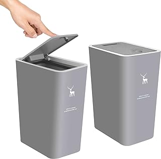 Trash Can with Lid, 2 Pack 4 Gallons/15 Liters Garbage Can with Press Top, Small Trash Can Dog Proof, Plastic Trash Bin, Waste Basket for Bathroom|Kitchen|Bedroom|Office|Living Room|Study (Grey)