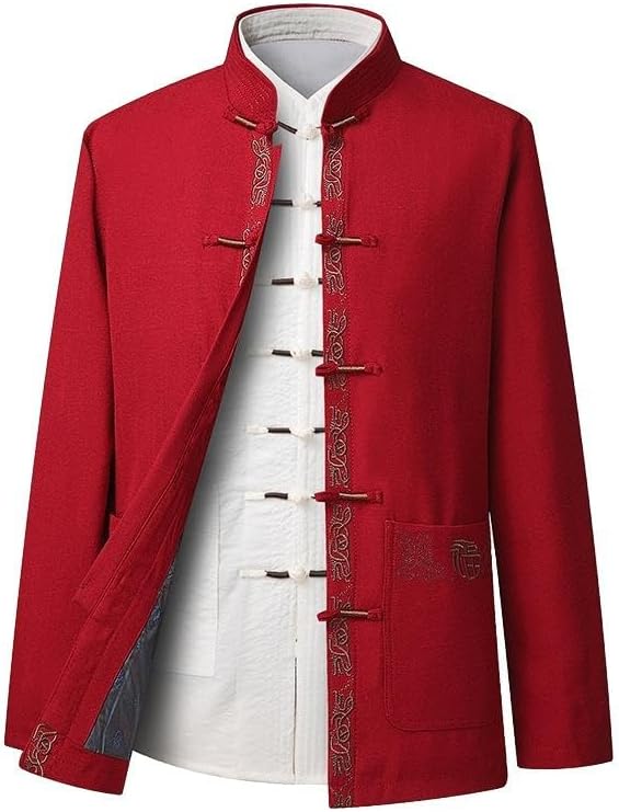 Men's Shirt Spring Autumn Embroidered Tang Suit Chinese Long Sleeve Tops for Men