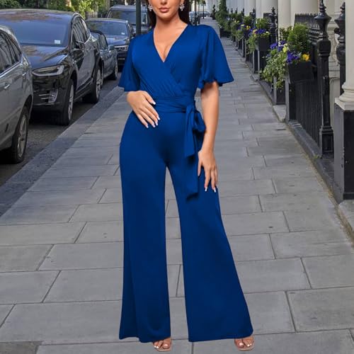 Image of PaladMom Womens Elegant Plus Size Jumpsuits Sexy Back zipper Short Sleeve Mid Waist Wide Leg Straight Rompers