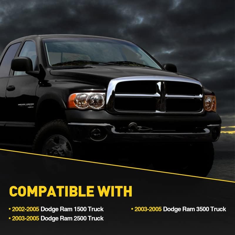 KAC Headlights Assembly Black Compatible with 2002-2005 Ram1500/2500/3500, Replace CH2502135,CH2503135