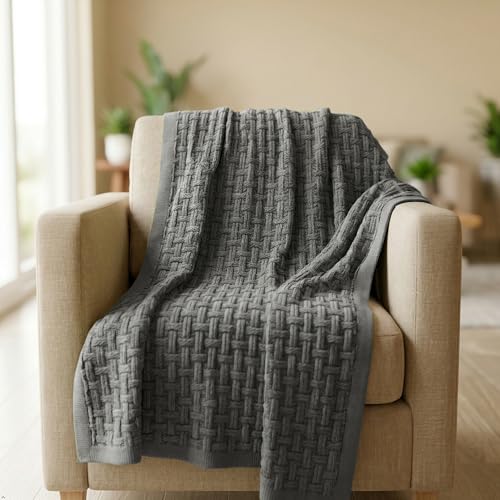 Bond & Stitch Company Cable Knit Throw Blanket, Graphite Gray Cotton Knit Blanket Throw for Couch, Sofa & Bed, Cozy Decorative Blanket for Living Room & Bedroom, 50 x 70 in