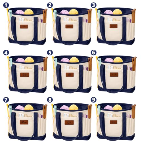 Image of Personalized Crochet Bag with Custom Leather Patch or Embroidered Name, Canvas Knitting Tote for Yarn Storage, Crochet Organizer with Multiple Pockets, Custom Gift for Crocheters & Knitters