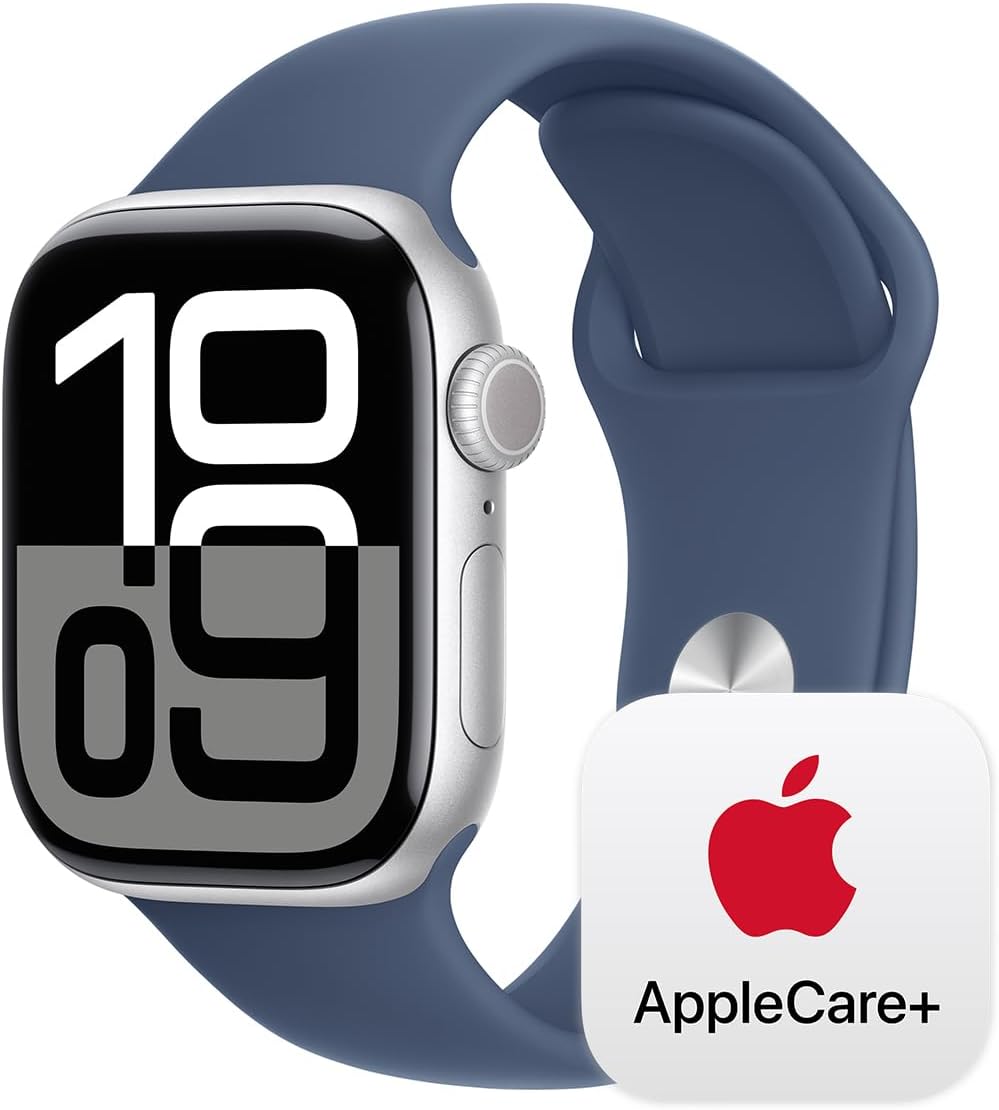 Apple Watch Series 10 [GPS 42mm] with Silver Aluminium Case with Denim Sport Band - S/M. Fitness Tracker, ECG App, Always-On Retina Display, Water Resistant with AppleCare+ (2-years)