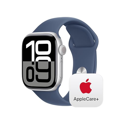 Apple Watch Series 10 [GPS 42mm] with Silver Aluminium Case with Denim Sport Band - S/M. Fitness Tracker, ECG App, Always-On Retina Display, Water Resistant with AppleCare+ (2-years) - Silver Aluminium Case with Denim Sport Band - 42mm case + Small/Medium band - GPS - With AppleCare+ (2 Years)
