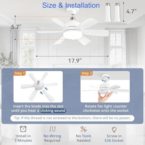 Superyofo Socket Fan LED Ceiling Lights,18inch APP Control E26 Fans Bulb with Remote & Dimmable LED Ceiling Fan Lights,3Color 3000K-6500K,1800LM Fan Light Bulb Screw in Ceiling(White) by Superyofo - Used condition - Image 6