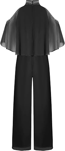 Girls Beaded Jumpsuits Dressy Casual Pants Romper Cold Shoulder Mock Neck Kids One Piece Outfits Black 10 Years