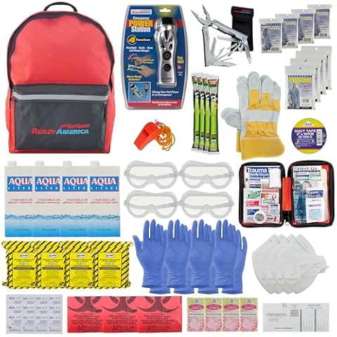 Ready America 72 Hour Deluxe Emergency Kit, 4-Person 3-Day Backpack, First Aid Kit, Survival Blanket, Power Station, Emergency Food, Portable Disaster Preparedness Go-Bag for Earthquake, Fire, Flood Cover