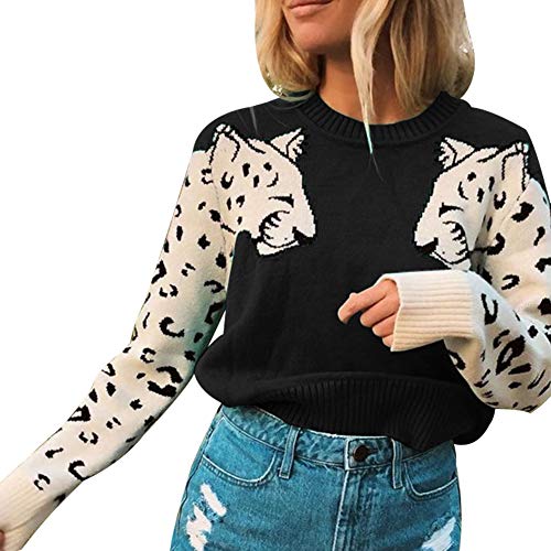 Image of JUNBOON Women's Casual Leopard Print Knitted Pullover Sweaters Long Sleeve Crew Neck Jumper Tops