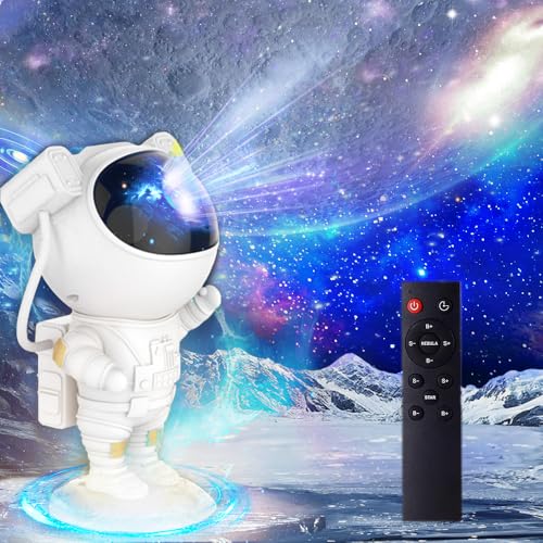 El proyector astronauta, el proyector estrella astronauta con nebula y estrellas, el temporizador, control remoto y ángulos ajustables