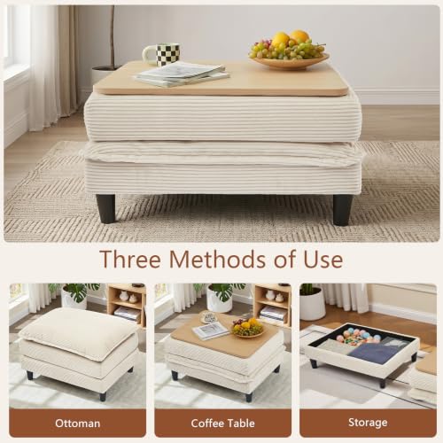 Image of Corduroy Storage Ottoman Coffee Table for Modular Sectional Couch, Corduroy Footrest Extension with Hidden Storage, Modern Soft Cushioned Stool for Living Room, Cream