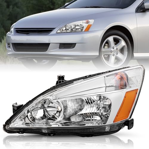TUSDAR Headlight Assembly Replacement for 2003-2007 Honda Accord [Factory Halogen Type] Headlamp Chrome Housing with Amber Reflector (Driver Left Side)