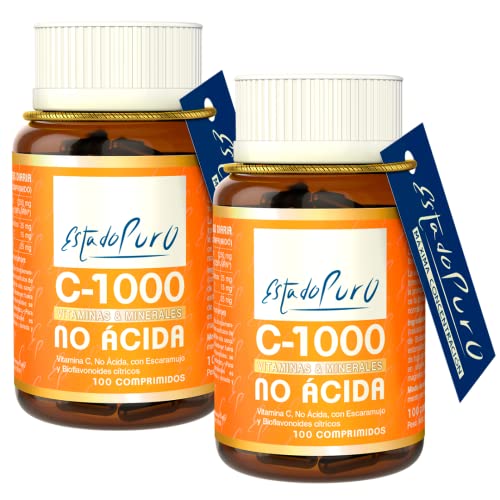 Vitamina C No Ácida 1000 mg Estado Puro | 100 Comprimidos con Escaramujo y Bioflavonoides Cítricos | Alta Absorción - No Irritante | Calidad Tongil (Pack 2)