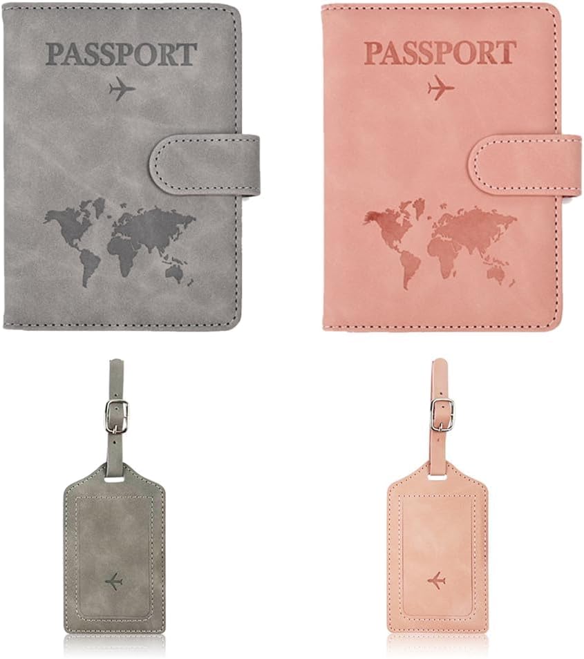 Passport Holder and Luggage Tag Set - RFID Blocking PU Leather Travel Wallet Organizer with SIM Card Slots, Waterproof Passport Cover Case & ID Bag Tag for Men Women (Grey/Pink)