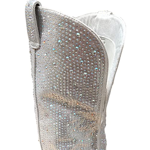 Absolex Women Western Cowgirl Cowboy Pointed Toe Rhinestone Mid-Calf Over The Knee Boots, Silver, 8.5 #TOP3