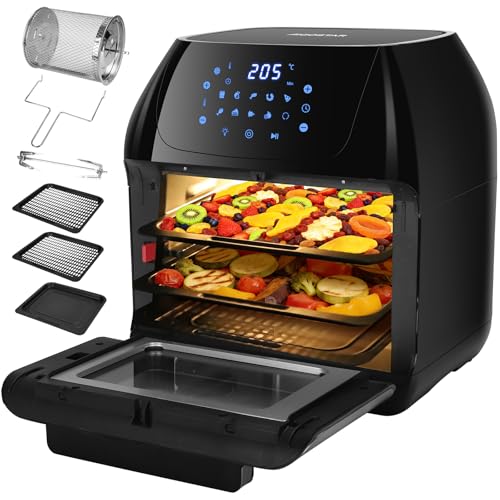 Aigostar Freidora Aire 12L con Sistema giratorio, Horno de Aire 1500W, 9 Programas y Pantalla LED Táctil, Air Fryer de Acero Inoxidable con Ventana Visualización, Accesorios Incluidos, Deshidratador