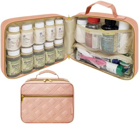 StarPlus2 Large Quilted Pill Bottle Organizer, Medicine Bag, Case, Carrier for Medications, Vitamins, and Medical Supplies with Fixed Pockets - for Home Storage and Travel - Pink (Without Lock)
