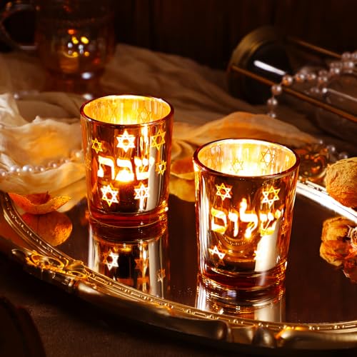 Image of Honeydak Set of 2 Shabbat Candles Holders Gold Jewish Judaica Gift Set Electroplated Glass Modern Shabbat Candlestick Holders for Tea Lights Hanukkah Gifts