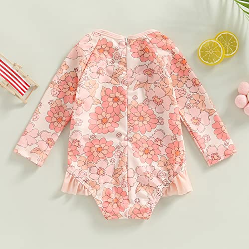 MERSARIPHY Toddler Baby Girl One-Piece Swimsuit Long Sleeve Swimsuit Girls Bathing Suit Rash Guard (12-18 Months, Pink C)