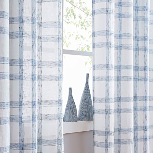 Randall Modern Geometric Curtain Panels Pair Soft Touch Light Filtering Blue semi-Sheer Linen-Look Drapes with Rod Pocket Design,Rustic Farmhouse Style Drapes for Living Room,63 inch,2 Panels by Randall - Used condition - US$19.02