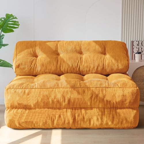 Image of MAXYOYO Folding Sofa Bed, Convertible Chair with Pilow, Portable Fold Out Chair Bed with Back Support Comfy Floor Sofa Lounge for Living Room Bedroom, Orange, Double
