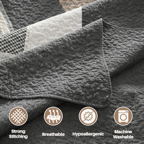 Quilta Patchwork 100% Cotton Farmhouse Quilt Queen Size - Soft Rustic Comforter Set with Patchwork Plaid Pattern, Lightweight Home Decor Bedspread Bedding Set 3pcs for All Seasons, Gray/Begie — view 6