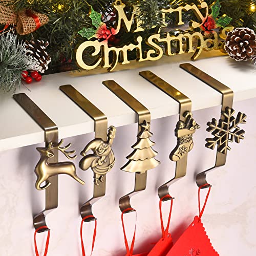 popamaz Christmas Stocking Holders for Mantle Set of 5, Weighted Stocking Hangers for Mantel Fireplace, Stocking Hooks for Xmas Decoration (Bronze)