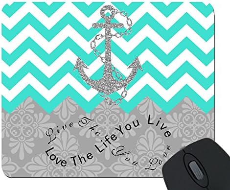 Live the Life You Love, Love the Life You Live Gray Anchor Turquoise Chevron & European Retro Pattern Unique Computer Mouse Pad