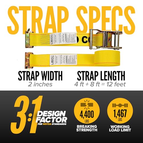 US Cargo Control E Track Straps 2" x 12' (10-Pack), 4,400 LBS Break Strength, Yellow Heavy Duty E Track Ratchet Straps with 4' Fixed End and Spring E-Fittings, Logistic Tiedowns for Box Trucks, Vans by US Cargo Control - Image 2