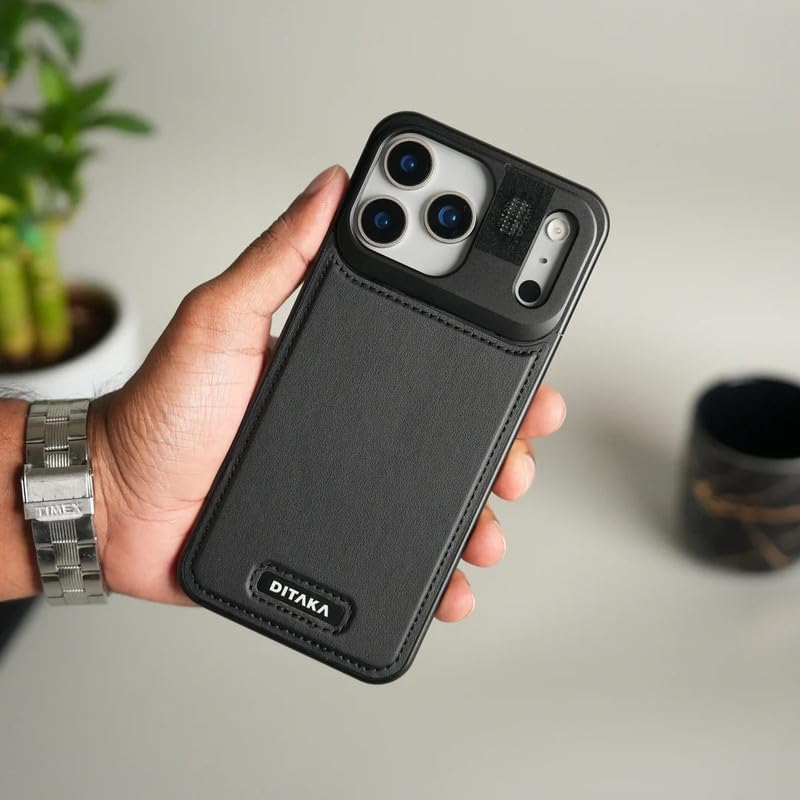 Image of Business Leather Phone Case Compatible with iPhone 17 Pro Max with Mag Charging | Aluminum Alloy Eco-Friendly Cloth Aroma Therapy Phone Case - Black