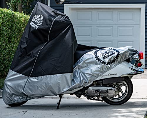Nuzari Heavy Duty Small 250cc Motorcycle Cover - Motorcycle Covers Waterproof Outdoor Storage - Vespa Cover Waterproof Outdoor - Heavy Duty E- Bike Moped Covers (Black/Silver, Small) - Thumbnail 6