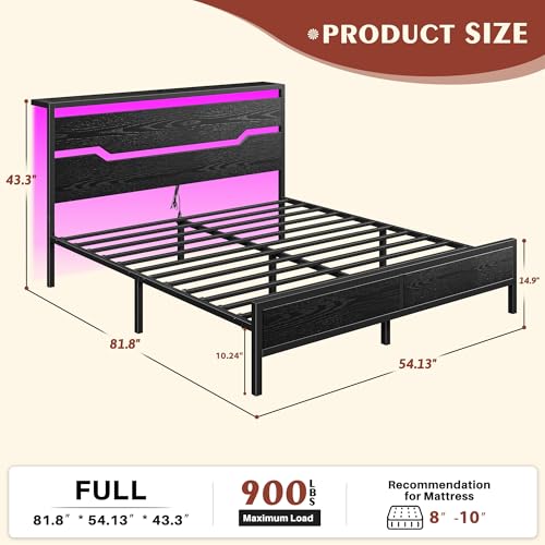 Image of Homkdom Full Size Bed Frame with 900LBS Heavy-Duty Metal Slats,USB Ports & LED Lights,Headboard Shelf, 10.24 inch Underbed Storage, Noise-Free, No Box Spring Needed, Modern Black