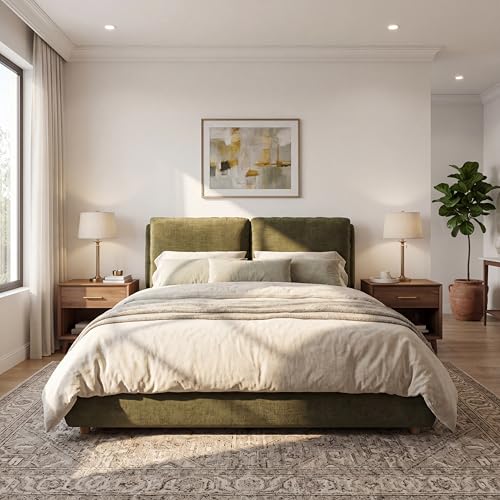 Merax Queen Linen Blend Platform Bed with 2 Headboard Pillows, Olive Green