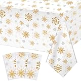 Picture of 3 Pack Christmas Snowflake Plastic Tablecloth, 54 x 108Inch White and Gold Snowflake Table Cloth Disposable Waterproof Winter Snowflakes Table Cover for Winter Holiday New Year Party Supplies Decor